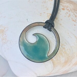 Transparent aqua wave necklace with black waxed cotton cord, personalization optional