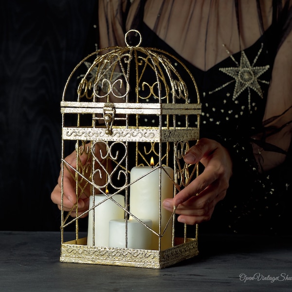 Antique Gold Bird Cage Christmas Gifts Christmas Decor Tea light Candle Holder Witch decor Occult