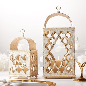 Ramadan Decor SET, Reclaimed Wood candle Holder, Ivory Moroccan lantern, Terracotta wedding lantern, anniversary boho candle lantern image 1