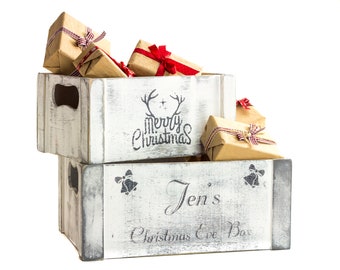 Gray Farmhouse Christmas decor Personalized gifts Christmas stockings Recycled ply wood crates SET