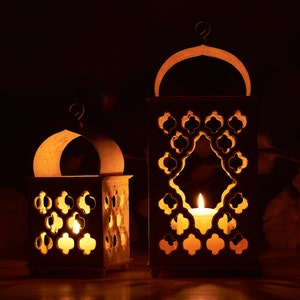 Ramadan Decor SET, Reclaimed Wood candle Holder, Ivory Moroccan lantern, Terracotta wedding lantern, anniversary boho candle lantern image 2