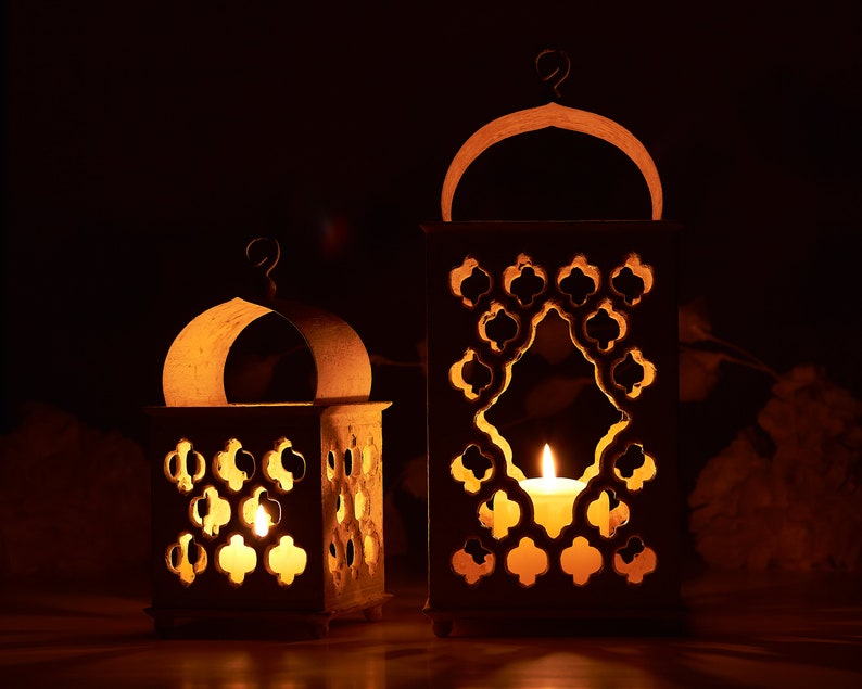 Ramadan Decor SET, Reclaimed Wood candle Holder, Ivory Moroccan lantern, Terracotta wedding lantern, anniversary boho candle lantern image 2