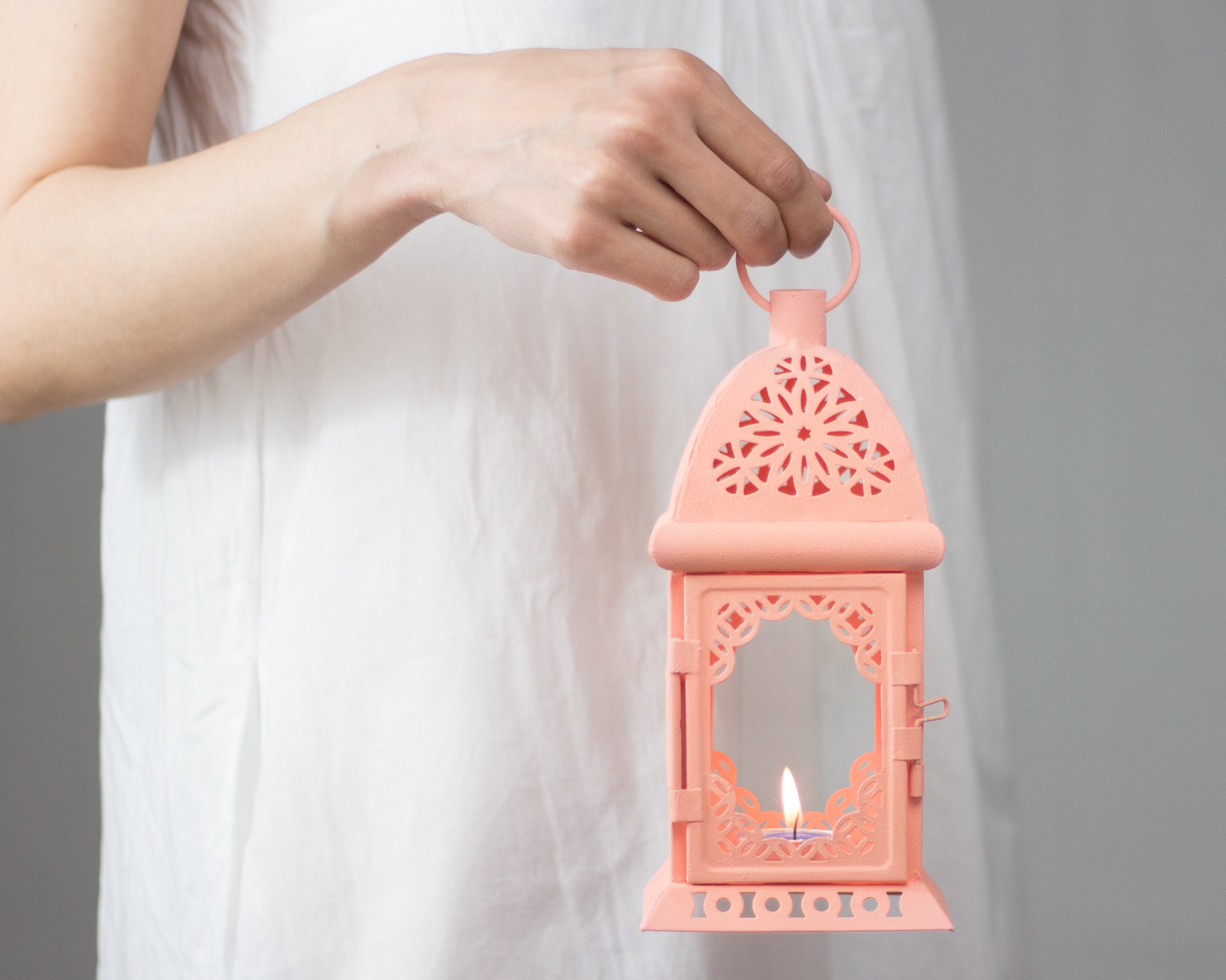 Vintage Lanterne Extérieure-Shabby Cottage Chic Décor de Printemps-Français Titulaire Pêche Bougie-L