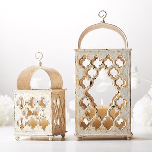 Ramadan Decor SET, Reclaimed Wood candle Holder, Ivory Moroccan lantern, Terracotta wedding lantern, anniversary boho candle lantern image 3