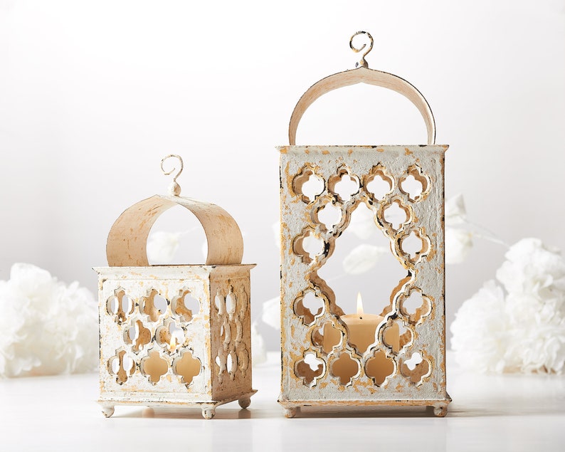 Ramadan Decor SET, Reclaimed Wood candle Holder, Ivory Moroccan lantern, Terracotta wedding lantern, anniversary boho candle lantern image 3