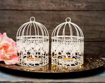 2 Bird Cage Farmhouse decor Boho Nursery Decor White Wedding baby shower Favors Shabby Chic decor Table centerpiece Candle Lantern