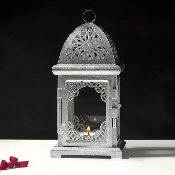 Set of 2 Galactic Metallic Silver Candle Lantern for LEDs Fairy Lights Tea Light Holders Wedding Decor