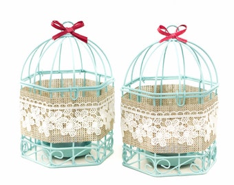 Beach girl room decor Turquoise set Candle Holder, Boho home decor Indie Hanging lantern, Baptism Decor Baby shower, Blue Bird Cages