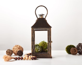 Rustic Farmhouse Lantern, Front Porch Decor, Indoor Metal Candle Lantern add Moss Balls option, Forest Mountain wedding