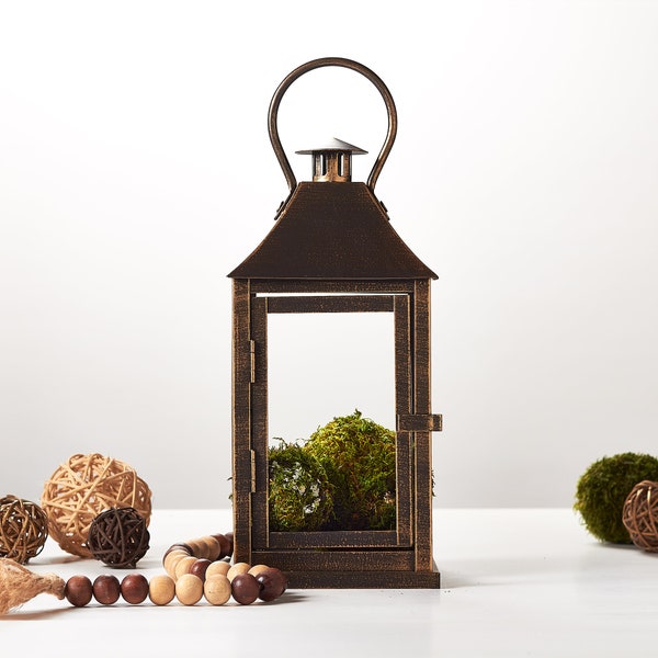 Rustic Farmhouse outdoor Lantern for candle, Moss Balls decor, Front Porch Decor, Indoor Metal Candle Lantern, Forest Mountain wedding