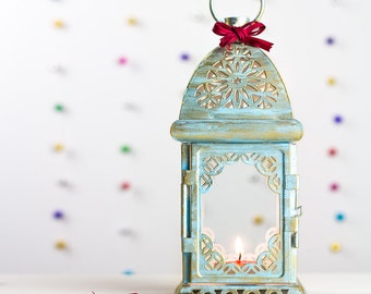 Gift for Her Sky Blue Metal Lantern Centerpiece Shabby Chic Decor Moroccan Decor Candle Holder Dragonfly theme party