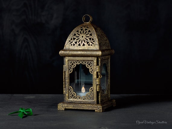 Set of 2 Lanterns Bronze Finish Lantern Candle Holder Moroccan