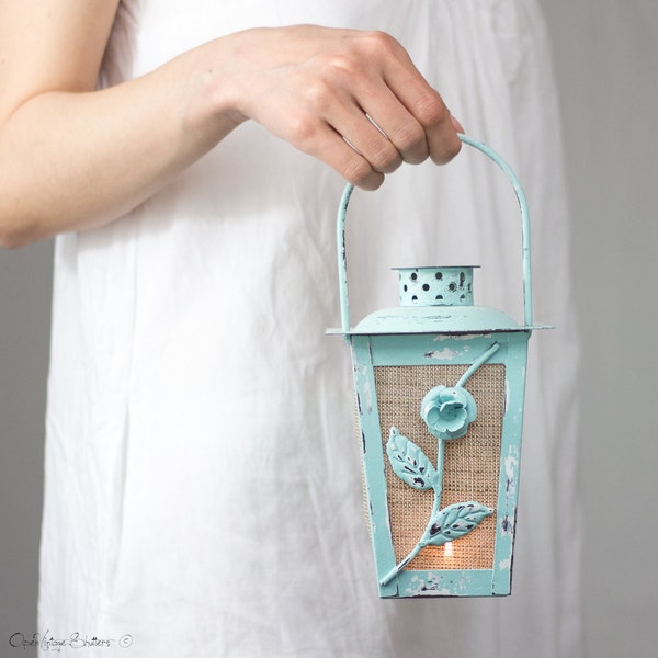 Vintage Turquoise Wedding Candle Lantern Centerpiece, Shabby Chic Hanging Lantern, Bohemian Decor, Metal Candle Holder