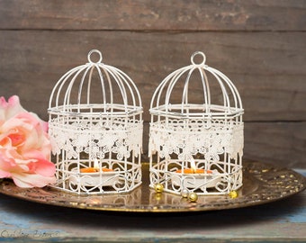 Shabby White Bridesmaid gifts Boho nursery decor Dorm room Bird Cages Wedding Hanging Lanterns Tealight Candle Holder Set