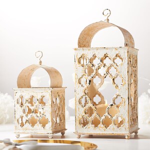 Ramadan Decor SET, Reclaimed Wood candle Holder, Ivory Moroccan lantern, Terracotta wedding lantern, anniversary boho candle lantern image 4