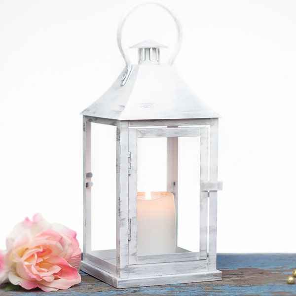 Buiten windlicht Wit met zilveren lantaarn - Buitenlantaarn - Shabby cottage chic decoratielantaarn - Bruiloft, feest, vakantiedecoratie
