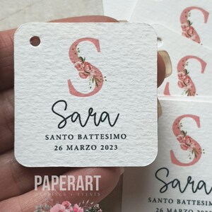 20 bigliettini per bomboniere, Mod. Monogramma fiori rosa