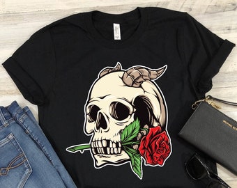 Skull Shirt Skull Rose T-Shirt Skull Horns Skulls Vintage Retro Distressed Rock Music Heavy Metal Gift Unisex TShirt For Men and Women