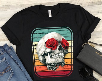 Skull Shirt Skull Rose T-Shirt Skulls And Roses Vintage Retro Distressed Rock Music Heavy Metal Gift TShirt For Men and Women