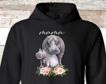 Mama Hippo Hoodie Mom Birthday Cute Hippo Gift Hoodies Funny Mommy Family Women's Hoodie Gift For Mother