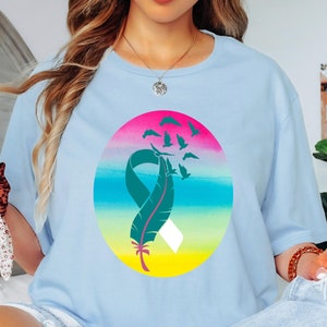 Cervical Cancer Shirt Awareness Feather Teal Ribbon Graphic T-Shirt Vintage Retro Colorful Survivor Cancer Fighter Support Gift for Women