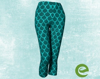 Mermaid Capris Aqua Green Eco Friendly Yoga Capris Printed High Waisted or Classic Yoga Pants Squat Proof Capris Women Workout Gym Pants