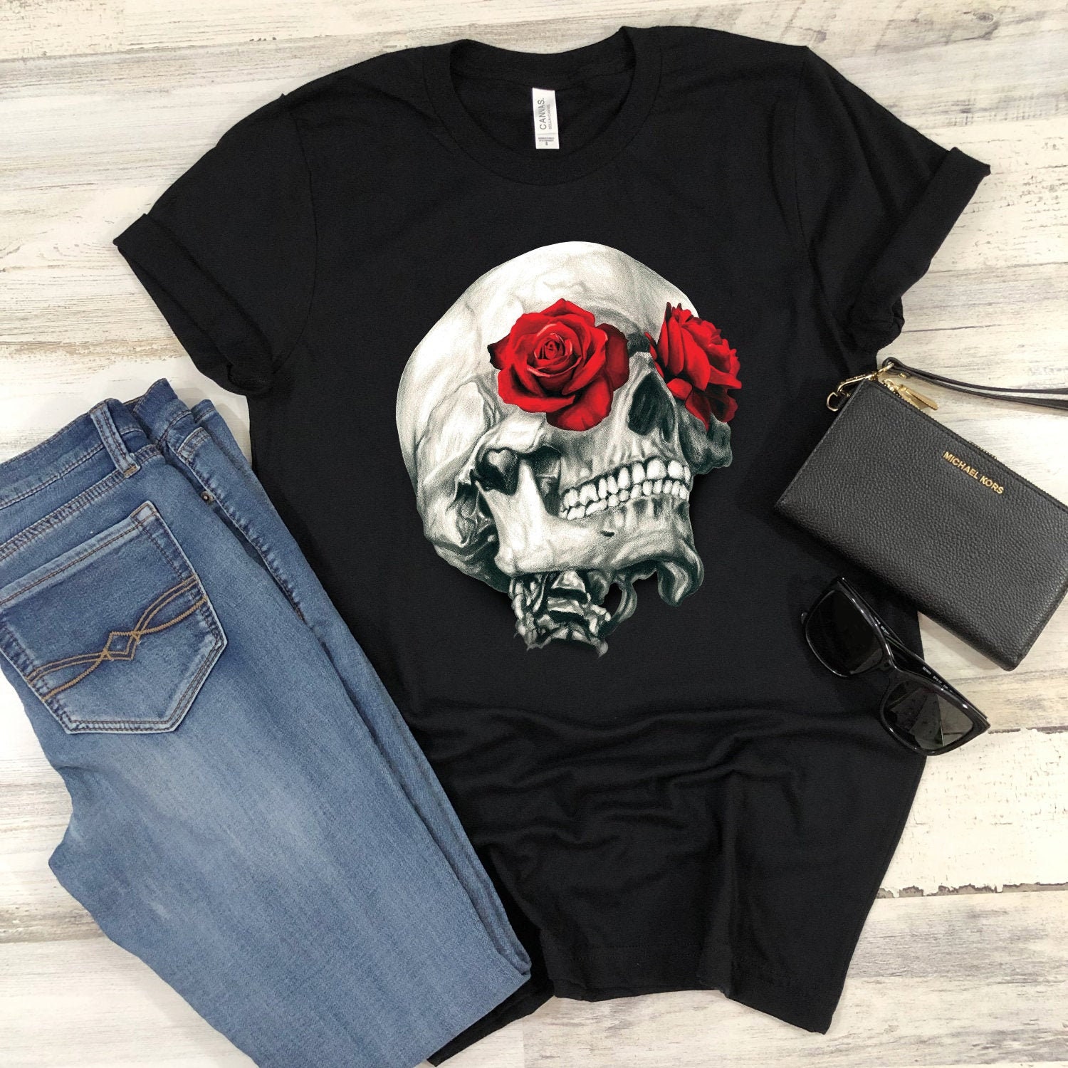 Skull Shirt Skull Rose T-shirt Skulls and Roses Rock Music - Etsy