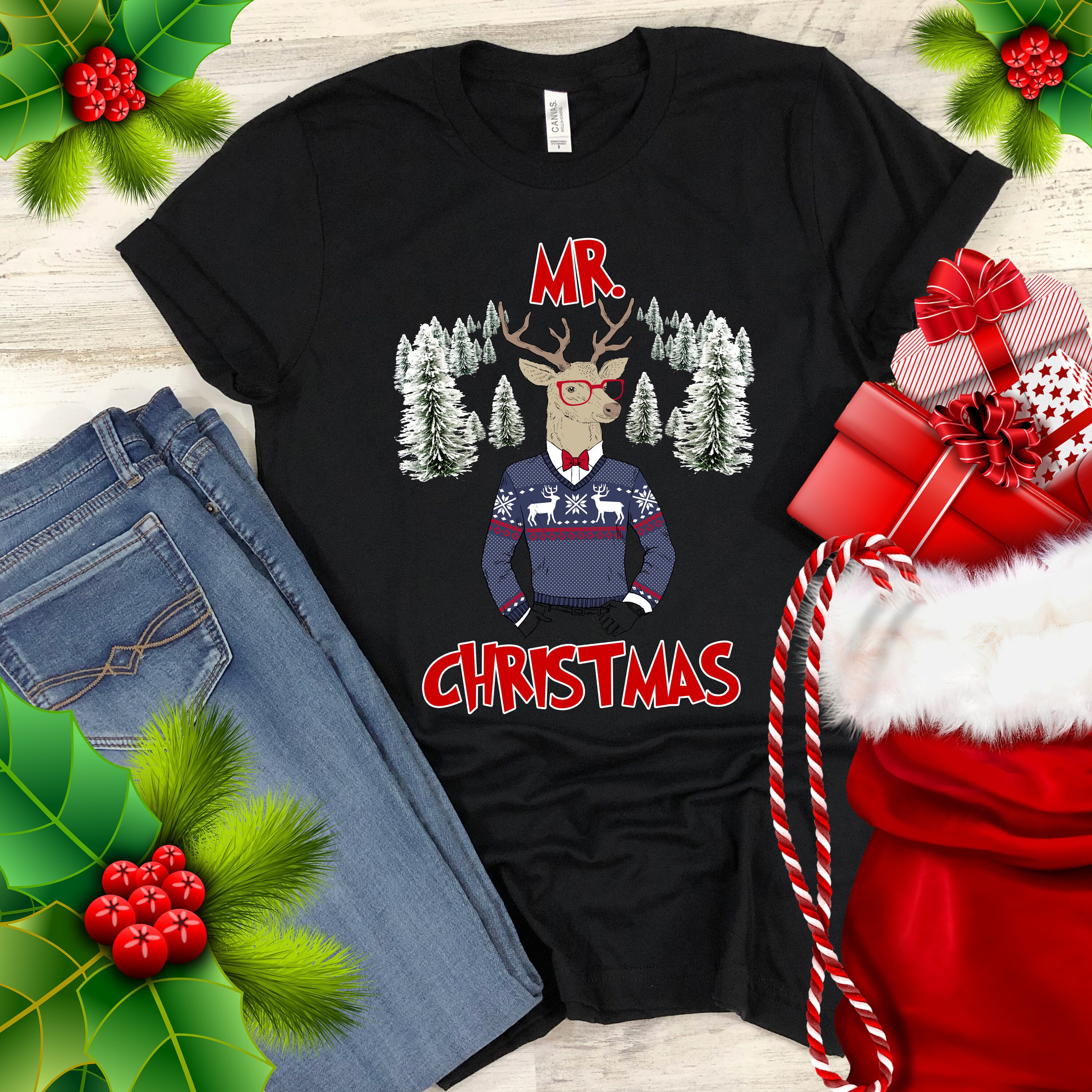 Image of Mr Christmas Shirt Hipster Reindeer T-Shirt Funny Mister Men's Xmas Gift Tshirts For Men