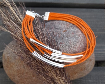 Orange Layer Bracelet | Multistrand Bracelet | Silver Wrap Bracelet | Bohemian Cord Bracelet | Hippie Jewelry
