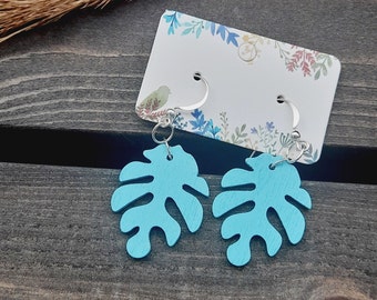 Turquoise Leaf Earrings | Wooden Monstera Leaf Earrings | Tropical Leaf Earrings | Wood Dangle Plant Earrings | Plant Lover Gift