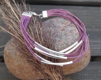 Purple Layer Bracelet | Multistrand Bracelet | Silver Wrap Bracelet | Bohemian Cord Bracelet | Hippie Jewelry