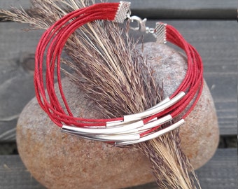 Red Layer Bracelet | Multistrand Bracelet | Silver Wrap Bracelet | Bohemian Cord Bracelet | Hippie Jewelry
