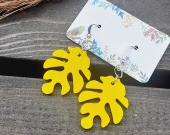 Yellow Leaf Earrings | Wooden Monstera Leaf Earrings | Tropical Leaf Earrings | Wood Dangle Plant Earrings | Plant Lover Gift