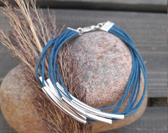 Denim Blue Layer Bracelet | Multistrand Bracelet | Silver Wrap Bracelet | Bohemian Cord Bracelet | Hippie Jewelry