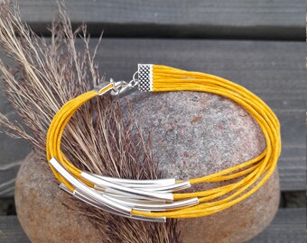 Yellow Layer Bracelet | Multistrand Bracelet | Silver Wrap Bracelet | Bohemian Cord Bracelet | Hippie Jewelry