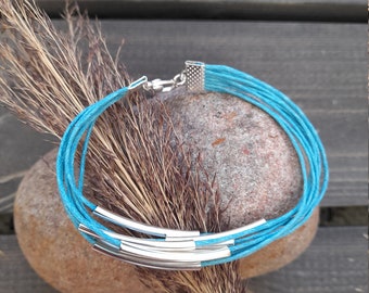 Sky Blue Layer Bracelet | Multistrand Bracelet | Silver Wrap Bracelet | Bohemian Cord Bracelet | Hippie Jewelry