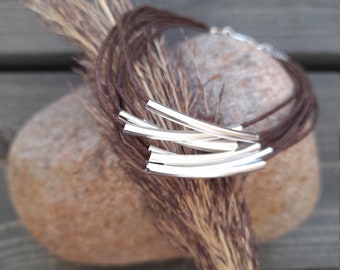 Brown Layer Bracelet | Multistrand Bracelet | Silver Wrap Bracelet | Bohemian Cord Bracelet | Hippie Jewelry