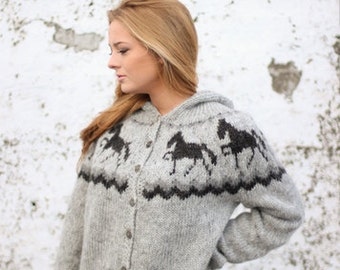 Handknitted sweater  with horse pattern,  100% icelandic wool