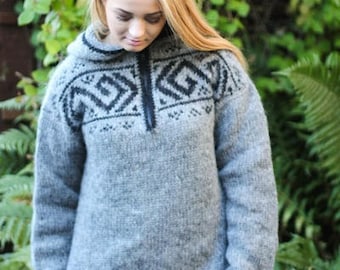 Handknitted unisex sweater, half zipped, from 100% icelandic wool