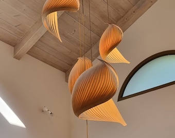 Houten hanglamp Japandi-stijl - houten fineer kroonluchter verlichting eetkamer - MCM sculpturale lichtarmatuur jaren '70 geïnspireerde lampen - vleugel