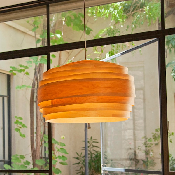 Wood Veneer Pendant Light, Drum Light Fixtures, Scandinavian Chandelier, Furniture And Decor, 70s Inspired Lamps,Custom Fixture, Light Cloud