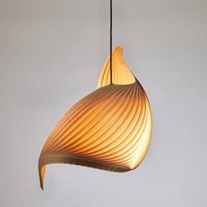 Wood Pendant Light Japandi Style Wooden Veneer Chandelier Lighting Dining Room MCM Sculptural Light Fixture 70s Inspired Lamps Wing image 3