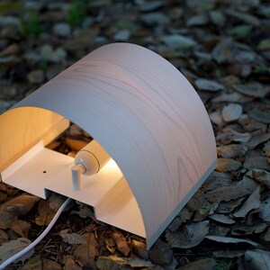 May include: A white wooden wall lamp with a curved shade and a light bulb. The lamp is on a bed of brown leaves.