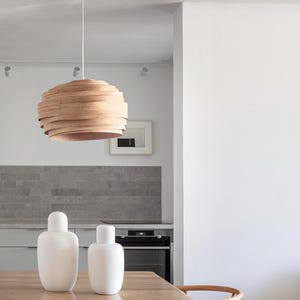 Hanging Pendant Lights Bent Wood Veneer Bedroom Ceiling Light Best Summer Decor - Rustic Drum Chandelier Walnut Light Fixture - Light cloud image 2