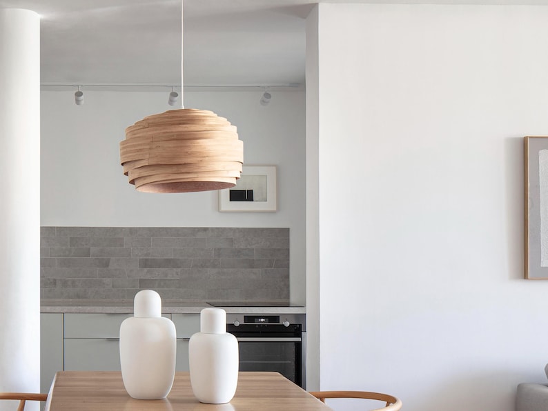 Hanging Pendant Lights Bent Wood Veneer Bedroom Ceiling Light Best Summer Decor - Rustic Drum Chandelier Walnut Light Fixture - Light cloud image 2