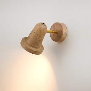 May include: A wooden wall-mounted spotlight with a cylindrical shade and a circular base. The light fixture is made of light-colored wood and features a brass arm. The spotlight is angled downward, casting a warm glow.