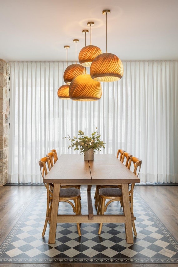 Handcrafted Wood Japandi Pendant Lamp, Wabi Sabi Veneer Chandelier