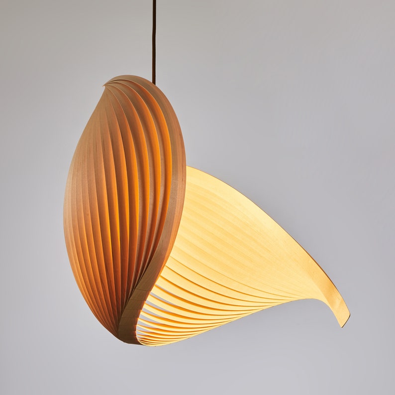 Wood Pendant Light Japandi Style Wooden Veneer Chandelier Lighting Dining Room MCM Sculptural Light Fixture 70s Inspired Lamps Wing image 5