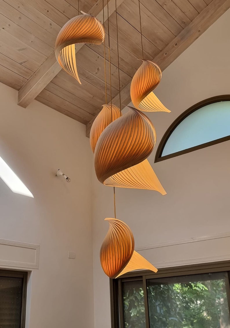Wood Pendant Light Japandi Style Wooden Veneer Chandelier Lighting Dining Room MCM Sculptural Light Fixture 70s Inspired Lamps Wing image 1