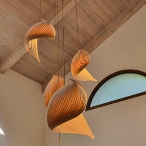 Wood Pendant Lighting Japandi Style - Scandinavian Lampshade - Wooden Veneer Chandelier Lighting Shoji Decor -Sculptural Light Fixtures-Wing